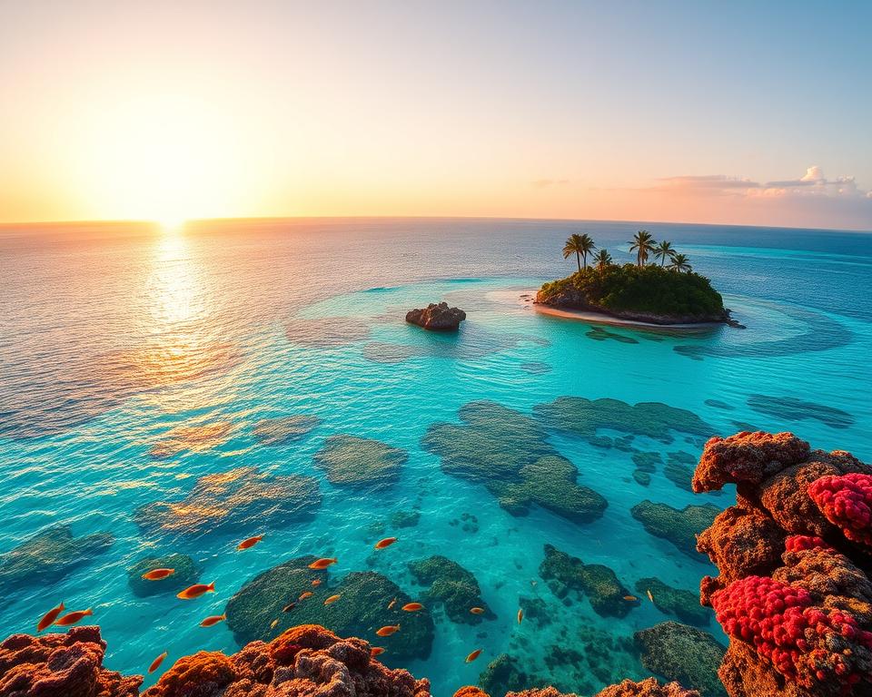A stunning view of the Great Barrier Reef, featuring vibrant coral islands surrounded by crystal-clear turquoise waters. In the foreground, richly colored corals and tropical fish gracefully swim through the water. In the middle ground, a couple of small, lush islands showcase the unique flora, with palm trees swaying gently in the breeze. The background captures an expansive horizon, where the sun sets, casting golden and pink hues across the sky, reflecting on the ocean's surface. The lighting is warm and inviting, emphasizing the tropical atmosphere. The lens perspective is slightly elevated, providing a panoramic view to enhance the sense of depth and richness of this natural paradise.