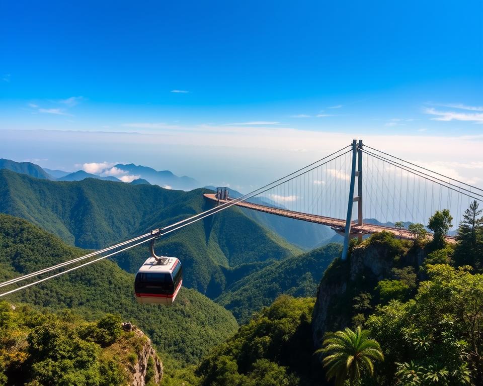 A stunning view of the Langkawi Sky Bridge and Cable Car, set against a backdrop of lush green mountains and a clear blue sky. In the foreground, the sleek cable car glides smoothly along its course, showcasing its modern design. The Sky Bridge arches gracefully over the valley, offering panoramic views of the island below. In the mid-ground, dense tropical foliage and rocky cliffs frame the scene, enhancing the natural beauty. The background features distant hills shrouded in mist, adding depth to the image. The lighting is bright and vibrant, capturing the essence of a sunny day in Malaysia. The atmosphere is one of adventure and tranquility, inviting viewers to explore this breathtaking location.