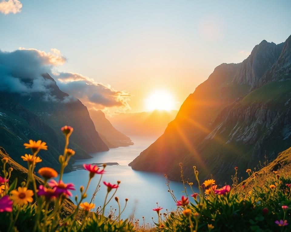 A stunning view of the Midnight Sun illuminating the rugged peaks of Lofoten during summer, with golden rays casting a warm glow over a tranquil fjord and lush green hills. In the foreground, vibrant wildflowers sway gently in the breeze, adding color to the scene. The middle ground showcases dramatic, jagged mountains rising majestically against the horizon, partly shrouded in soft, fluffy clouds. In the background, the sun hangs low, a bright orange sphere, reflecting shimmering light on the calm waters below. The atmosphere is serene and magical, evoking a sense of wonder and tranquility. Soft lighting, captured from a low angle using a wide-angle lens, enhances the vastness of the landscape while inviting viewers to experience the beauty of this natural phenomenon.