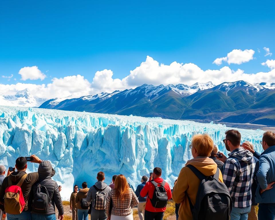 A stunning view of the Perito Moreno Glacier in Argentina during the best travel season, showcasing vibrant blue ice formations and jagged icebergs. In the foreground, a group of diverse tourists in casual, comfortable clothing are admiring the glacial landscape, capturing the moment with cameras. In the middle ground, the massive glacier gleams under bright sunlight, with intricate cracks and crevices reflecting a spectrum of blues and whites. The distant background features the rugged, green Patagonian mountains silhouetted against a clear blue sky with fluffy white clouds, creating a serene and awe-inspiring atmosphere. The lighting is bright and warm, emphasizing the beauty of the natural landscape and inviting viewers to imagine themselves in this breathtaking setting.