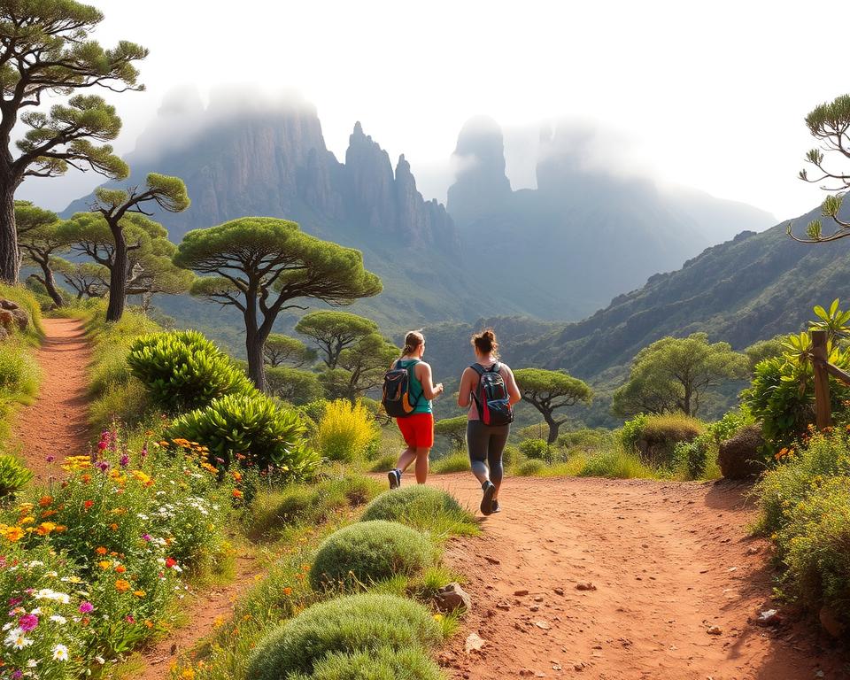 A stunning view of the Rundweg Anaga trail in the Anaga Mountains, Tenerife, capturing the essence of moderate hiking. In the foreground, a winding dirt path adorned with vibrant wildflowers and lush greenery, inviting hikers. The middle ground features two diverse hikers, dressed in colorful, modest activewear, engaged in conversation, showcasing the camaraderie of trekking. The towering, ancient laurel trees and rugged volcanic rock formations provide a breathtaking backdrop, where mist gently envelops the higher peaks. Soft, diffused afternoon sunlight filters through the foliage, creating dappled patterns on the ground and enhancing the serene atmosphere. The mood is peaceful and invigorating, reflecting the beauty of nature and the tranquility of the hiking experience.