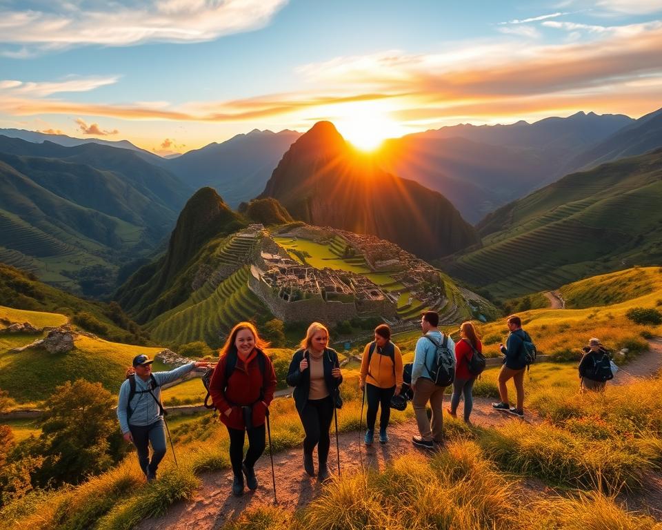 A stunning view of the Sacred Valley in Peru during a vibrant sunrise, showcasing lush green hills and terraced fields. In the foreground, a diverse group of hikers, dressed in modest outdoor clothing, are engaged in an adventurous hike along a winding trail, their expressions filled with excitement and wonder. In the middle ground, ancient Incan ruins emerge amidst the landscape, surrounded by tall mountains that rise majestically into the clear blue sky. The background features a kaleidoscope of orange, pink, and purple hues as the sun casts warm, golden light over the valley, creating an atmosphere of tranquility and adventure. Shot with a wide-angle lens to emphasize the expansive scenery, capturing the essence of outdoor experiences in this breathtaking region.