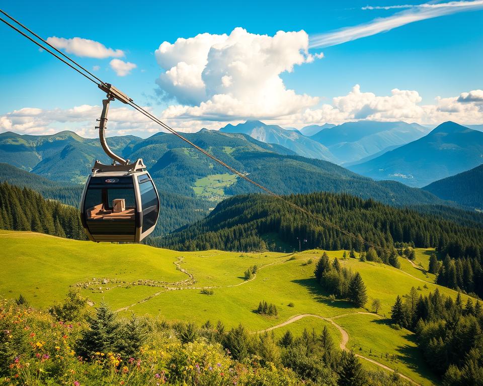A stunning view of the Sommerbergbahn in Bad Wildbad during summer. In the foreground, a sleek, modern cable car glides gracefully along its aerial track, capturing the spirit of adventure. In the middle ground, lush green hills dotted with vibrant wildflowers and dense forests create a picturesque landscape, while small hiking trails wind through the foliage. The background features majestic mountains under a clear blue sky, with soft, fluffy clouds drifting by. The scene is illuminated by warm, golden sunlight, casting gentle shadows and highlighting the natural beauty of the area. The mood is one of tranquility and exploration, inviting viewers to experience the scenic charm of this alpine region.
