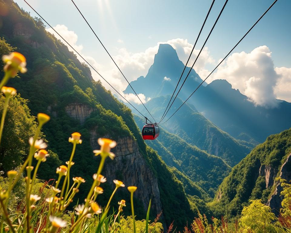 A stunning view of the Tianmen Mountain Seilbahn, showcasing a sleek, modern cable car gliding smoothly along its transparent cables against the majestic backdrop of lush green mountains. In the foreground, delicate wildflowers sway gently in the breeze, adding a splash of color. The middle ground features steep, rocky cliffs accentuated by vibrant foliage, leading up to the cable car. The background reveals the towering peak of Tianmen Mountain, partially shrouded in soft, ethereal clouds, capturing a sense of serenity and altitude. The scene is bathed in golden sunlight, creating a warm, inviting atmosphere, with a slight lens flare for a dreamy effect. The perspective is slightly low, emphasizing the height of the mountain while drawing the eye towards the cable car, inviting viewers into this breathtaking experience.