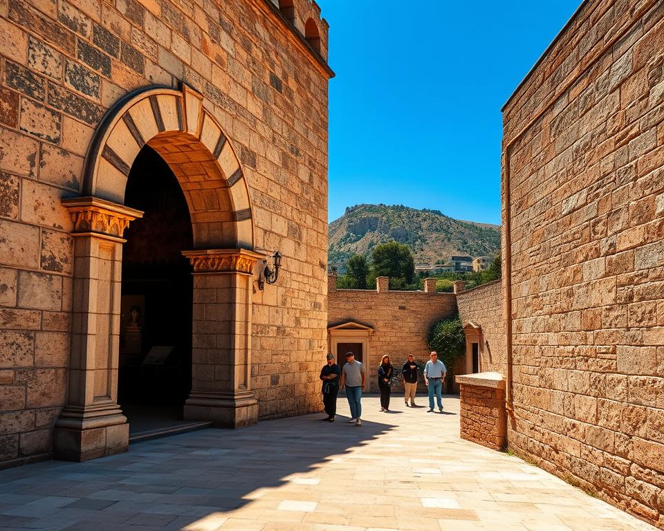A stunning view of the Venetian castle in Butrint, showcasing the museum housed within its ancient walls. In the foreground, intricately detailed stonework and weathered arches of the castle entrance, leading to the museum, are illuminated by warm sunlight. The middle ground features the museum's entrance, where visitors in modest casual clothing admire artifacts, framed by lush greenery. In the background, the rugged landscape of the Akropolis rises, dotted with trees and distant hills, under a clear blue sky. Soft shadows create a serene atmosphere, enhancing the historical significance of this UNESCO World Heritage site. Capture this scene from a slightly elevated angle to emphasize the grandeur of the castle against the natural beauty surrounding it.