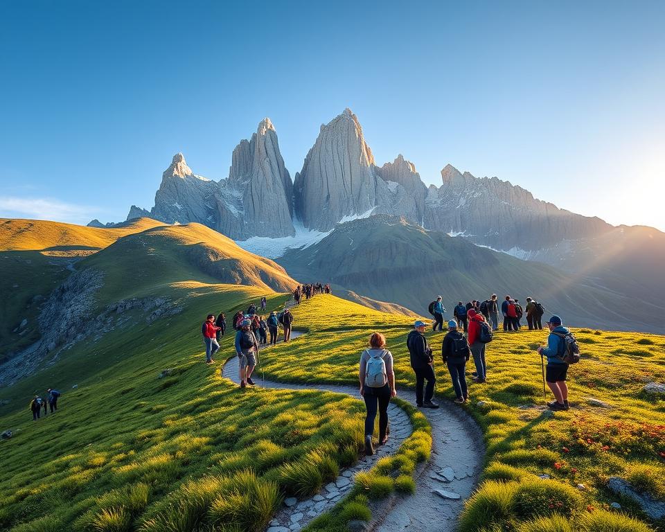 A stunning view of the W Trek in Torres del Paine National Park, showcasing the majestic granite spires of Torres del Paine piercing through the blue sky in the background. In the foreground, a winding trail meanders through vibrant green grass and patches of colorful wildflowers, inviting hikers to embark on this unforgettable journey. Middle ground features a group of diverse hikers dressed in modest, functional outdoor gear, admiring the breathtaking scenery. The lighting is soft and warm, evoking a sunrise atmosphere that bathes the landscape in golden light. Use a wide-angle lens to capture the panoramic expanse of the rugged terrain and dramatic rock formations, with a focus on the balance of nature's beauty and the adventurous spirit of trekking.
