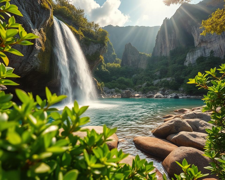 A stunning view of the Wasserfall von Bol on the island of Brač, Croatia. In the foreground, vibrant green foliage frames the waterfall cascading down smooth, moss-covered rocks. The middle of the scene features the crystal-clear water plunging into a tranquil pool, creating a gentle mist that catches the sunlight. In the background, sunbeams break through wispy clouds, illuminating the surrounding lush forest and rugged cliffs. The atmosphere is serene and enchanting, inviting viewers to immerse themselves in the natural beauty. The image is captured from a slightly elevated angle with soft, warm lighting to enhance the colors and textures of the landscape, evoking a sense of peace and wonder.