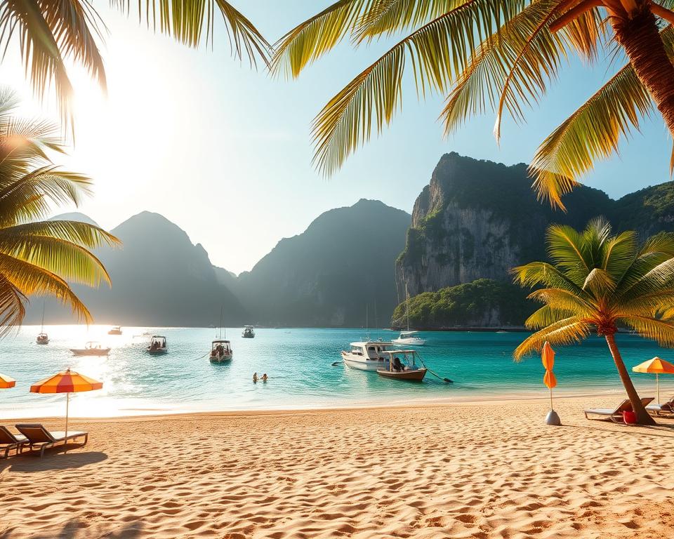 A stunning view of the beautiful beaches in El Nido, Palawan, Philippines. In the foreground, soft golden sands are dotted with colorful beach umbrellas and lounge chairs, inviting relaxation. Tropical palm trees sway gently in the warm breeze, framing the scene. The middle ground features clear turquoise waters, with small boats gently bobbing, ready for island hopping adventures. In the background, dramatic limestone cliffs rise majestically, partially shrouded in lush greenery. The lighting is warm, capturing the soft glow of a late afternoon sun setting on the horizon, casting a serene ambiance over the landscape. The overall mood is tranquil and idyllic, evoking a sense of paradise and adventure, perfect for showcasing the natural beauty of El Nido's beaches.