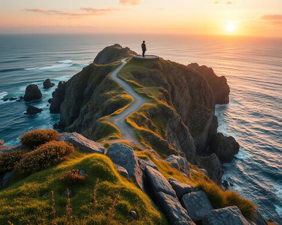 A stunning view of the dramatic coastline in Brittany, France, featuring rugged cliffs and crashing waves. In the foreground, a rocky outcrop with vibrant green moss and tufts of wildflowers. The middle ground showcases a winding path leading to a scenic viewpoint, where a lone traveler in modest casual clothing gazes out at the expansive ocean. The background features a breathtaking sunset casting warm golden and pink hues across the sky, creating a tranquil and enchanting atmosphere. The image should have a soft focus effect to enhance the dreamy quality, captured with a wide-angle lens to emphasize the grandeur of the landscape. Ensure there are no texts or watermarks in the image.