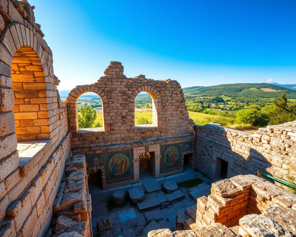 A stunning view of the early Christian Baptistery in Butrint, featuring intricate mosaics that depict religious motifs. In the foreground, focus on the beautifully preserved stone structure with its arched windows allowing soft, warm sunlight to filter through, casting gentle shadows on the surrounding ancient stones. The middle ground showcases the colorful mosaics with vibrant blues, greens, and golds, enhancing the spiritual ambiance. The background features the lush greenery of the Butrint National Park, with hints of distant hills under a clear blue sky. Capture the atmosphere of tranquility and reverence, using a wide-angle lens to emphasize the grandeur of the site and enhance the natural light illuminating this archaeological treasure.