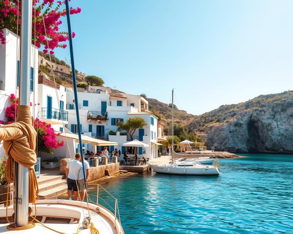 A stunning view of the enchanting islands of Greece, showcasing a picturesque harbor with traditional whitewashed buildings and vibrant bougainvillea. In the foreground, a gently rocking sailboat with colorful sails adds charm, while a couple in modest casual clothing enjoys the scene by the shore. The middle ground features sun-drenched terraces with outdoor cafes under the shade of olive trees, with locals and tourists engaging leisurely. The background is filled with lush, rocky cliffs and crystal-clear turquoise waters, reflecting the golden rays of a late afternoon sun. The atmosphere is relaxed and inviting, evoking the dreaminess of island-hopping across the Greek archipelago, with a soft focus to enhance the warmth of the scene.