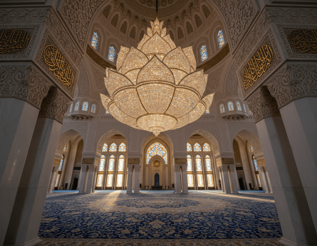 A stunning view of the grand crystal chandelier inside the Sultan Qaboos Grand Mosque in Muscat, Oman. The chandelier, intricately designed with shimmering crystals, hangs majestically from the ceiling, capturing the light in a radiant display. In the foreground, intricate Arabic calligraphy and elegant marble columns frame the scene, showcasing the mosque's architectural beauty. The middle ground features the vast prayer hall with its expansive carpet, inviting serenity and spirituality. In the background, soft, diffused sunlight filters through the ornate windows, creating a warm and reverent atmosphere. The image is shot from a low angle, emphasizing the chandelier's grandeur, with a high-quality lens that captures fine details. The mood is peaceful and awe-inspiring, reflecting the mosque's significance as a cultural marvel.