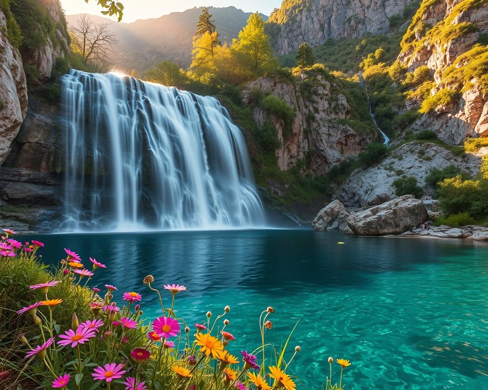 A stunning view of the waterfalls of Pučišća in Croatia, showcasing cascading water descending over rugged cliffs covered in lush greenery. In the foreground, vibrant wildflowers bloom beside the crystal-clear pool at the base of the falls, their colors reflecting in the water. The middle ground features the majestic waterfalls, illuminated by soft golden sunlight filtering through the trees, creating a serene atmosphere. In the background, the rocky landscape and steep hills rise majestically, partially shrouded in mist for an enchanting effect. Capture this scene using a wide-angle lens to emphasize depth and scale, with a slight upward angle that highlights the grandeur of the waterfalls. The overall mood is tranquil and awe-inspiring, inviting viewers to experience the breathtaking beauty of this natural wonder.