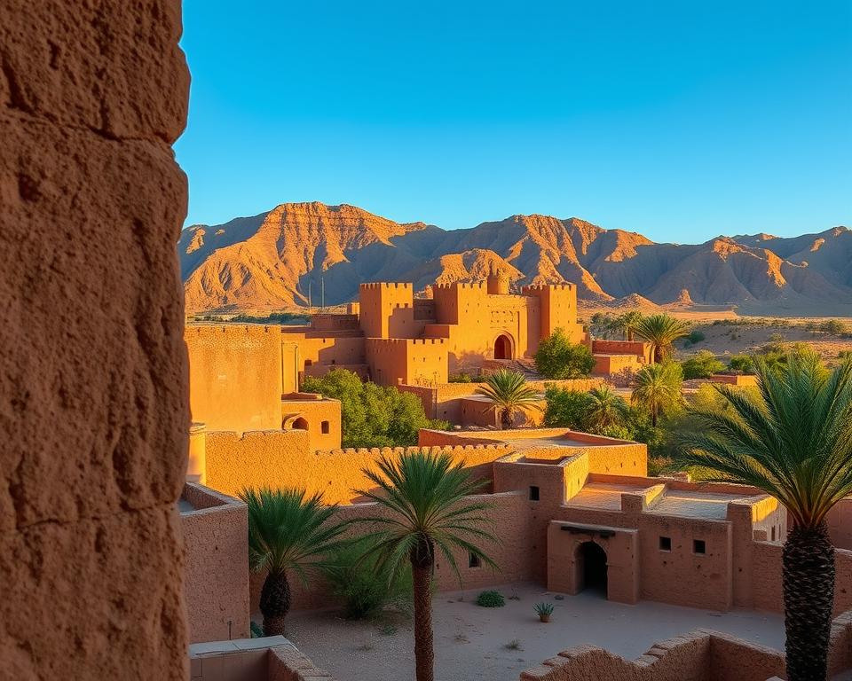 A stunning view of traditional Moroccan earthen architecture, showcasing the intricate details of Lehmarchitektur in Ait Ben Haddou. In the foreground, focus on the textured adobe walls, their rich brown tones contrasting with the vibrant blue sky. Include a few scattered palm trees to enhance the desert atmosphere. In the middle ground, feature the iconic kasbahs, with their unique crenellated designs, softly illuminated by the warm golden light of the late afternoon sun. In the background, the rugged Atlas Mountains rise majestically, providing a dramatic backdrop. Capture this scene with a slightly elevated angle, allowing for a panoramic perspective, evoking a sense of timelessness and cultural heritage. The overall mood should be serene and inviting, reflecting the beauty of this architectural jewel.