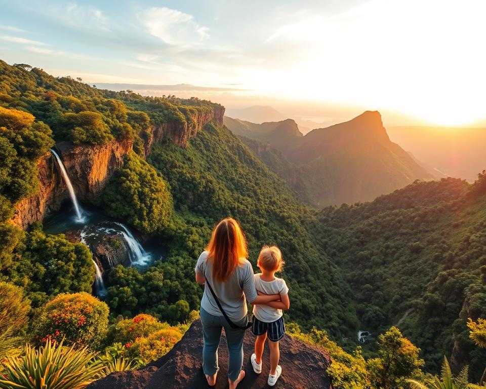 A stunning viewpoint in Madeira showcasing a family of four enjoying the breathtaking scenery. In the foreground, a mother and father, dressed in casual yet modest clothing, stand with their two children, looking out over a lush valley filled with dense, vibrant greenery and cascading waterfalls. The middle ground reveals dramatic cliffs and valleys, rich with the endemic laurel forest, dotted with colorful flowers and ferns. In the background, a luminous sky painted with soft pastel hues as the sun sets, casting a warm golden glow over the landscape. The atmosphere is joyful and serene, inviting viewers to experience nature's beauty and adventure with their family. Use a wide-angle lens to capture the expansive view, emphasizing both the family and the magnificent surroundings.