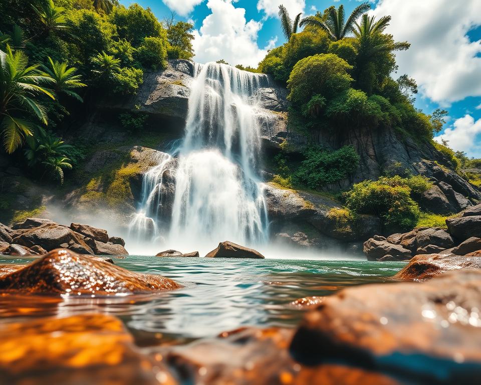 A stunning waterfall in Bali, cascading down rocky cliffs surrounded by lush tropical foliage. In the foreground, crystal-clear water splashes onto smooth stones, reflecting sunlight. The middle ground features the waterfall itself, with water streaming down in glistening ribbons, creating mist that catches the light. In the background, dense green vegetation and a vibrant blue sky with fluffy white clouds complete the scene. Use warm, natural lighting to evoke a serene and tranquil atmosphere. Capture the scene from a low angle, emphasizing the height and power of the waterfall, while showcasing the vibrant colors of the vegetation. The final composition should evoke a sense of adventure and peace, ideal for showcasing the beauty of Bali's natural wonders. A stunning waterfall in Bali, cascading down rocky cliffs surrounded by lush tropical foliage. In the foreground, crystal-clear water splashes onto smooth stones, reflecting sunlight. The middle ground features the waterfall itself, with water streaming down in glistening ribbons, creating mist that catches the light. In the background, dense green vegetation and a vibrant blue sky with fluffy white clouds complete the scene. Use warm, natural lighting to evoke a serene and tranquil atmosphere. Capture the scene from a low angle, emphasizing the height and power of the waterfall, while showcasing the vibrant colors of the vegetation. The final composition should evoke a sense of adventure and peace, ideal for showcasing the beauty of Bali's natural wonders.