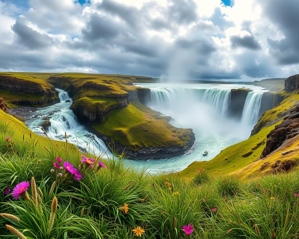 A stunning wide-angle view of Gullfoss waterfall in Iceland, capturing its majestic cascades plummeting into a rugged canyon. In the foreground, rich green grass and vibrant wildflowers sway gently in a breeze, while the middle ground showcases the powerful, misty waters crashing down with force, creating a stunning display of white foam. The background features a dramatic, cloudy sky with rays of sunlight breaking through, illuminating the falls and surrounding rock formations. The scene should evoke a sense of awe and adventure, with the waterfall as the focal point, taken from a slightly elevated angle to emphasize its grandeur. Perfect lighting conditions enhance the natural beauty, inviting the observer to experience the breathtaking landscape.