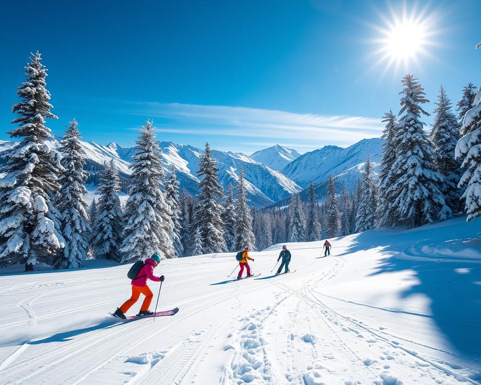 A stunning winter scene in Revelstoke National Park, showcasing vibrant snow-covered mountains in the background under a clear blue sky. In the foreground, skilled snowboarders and skiers gracefully navigate the glistening fresh powder, wearing colorful winter gear. The middle ground features tall evergreen trees adorned with snow, creating a serene and picturesque landscape. Soft sunlight bathes the scene, casting gentle shadows and highlighting the textures of the snow. Capture the exhilarating atmosphere of outdoor winter sports, with a focus on the joy and adventure experienced in this snow-covered paradise. The perspective is dynamic, perhaps slightly elevated, to emphasize the vastness of the terrain and the thrill of winter recreation in such a breathtaking environment.