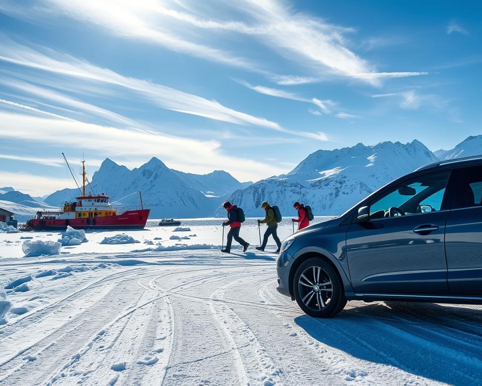 A stunning winter scene in the Lofoten Islands, showcasing various modes of transport reflecting seasonal changes. In the foreground, a modern car driving along a snow-covered road, with tire tracks visible on the glistening surface. To the left, a colorful fishing boat anchored in a harbor, surrounded by floating ice chunks. In the middle ground, a group of hikers in professional winter attire navigating through pristine snow, their breath visible in the cold air. The background features dramatic, snow-capped mountains under a bright blue sky with wispy clouds. Soft, natural lighting enhances the serene atmosphere, while a slight lens vignette focuses attention on the activities. The scene balances adventure and tranquility, encapsulating the seasonal transport options in this picturesque Arctic location.