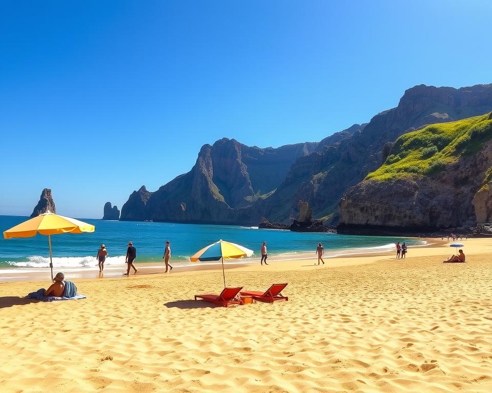 A stunning winter scene on the warmest Canary Island, showcasing a sun-drenched beach with soft, golden sand. In the foreground, a few sunbathers wearing modest casual clothing lounge under colorful umbrellas, while others stroll along the shore. The middle ground presents gentle waves lapping at the beach, reflecting the golden hues of the sun. In the background, majestic cliffs adorned with vibrant green vegetation rise against a clear blue sky, hinting at the island's volcanic landscape. The lighting is bright and cheerful, creating a warm and inviting atmosphere. Capture this idyllic setting from a slightly elevated angle, emphasizing the contrast between the azure ocean and the sunlit shoreline, encapsulating the essence of a winter getaway on the Canary Islands.