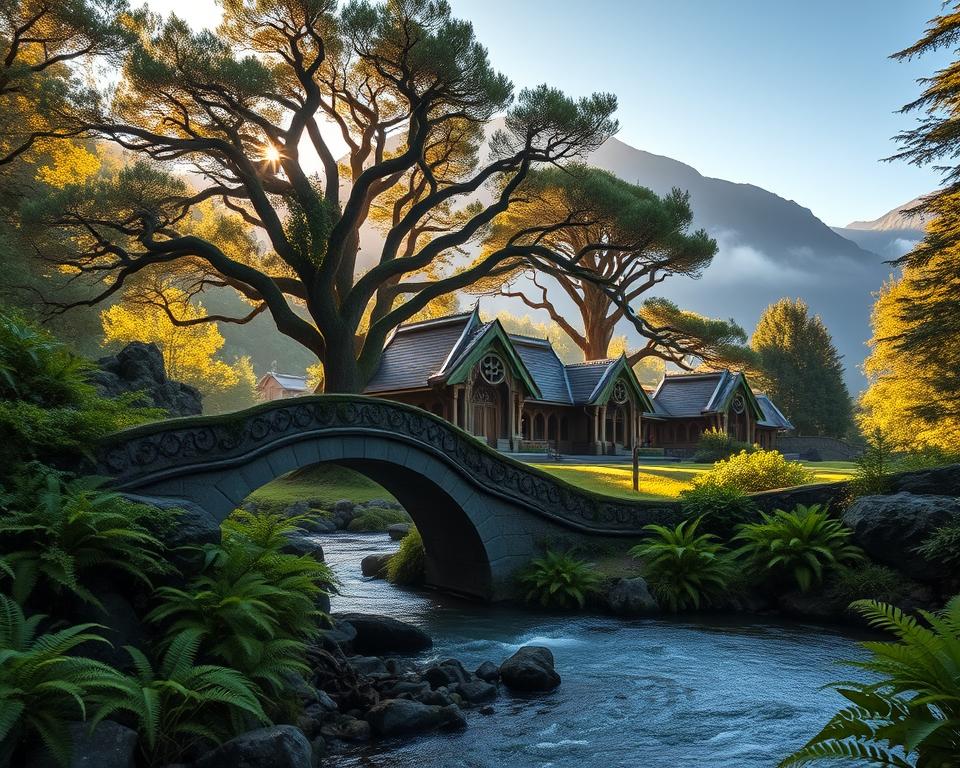 A stunningly detailed scene of Rivendell as seen in Kaitoke Regional Park, capturing the enchanting beauty of Elven architecture amidst lush greenery. In the foreground, a graceful stone bridge arches over a shimmering stream, surrounded by vibrant ferns and native flora. The middle ground features elegant Elven structures with intricate carvings, nestled among ancient trees with lush canopies, inviting soft rays of sunlight to filter through. In the background, majestic mountains rise, partially shrouded in mist, enhancing the ethereal atmosphere. The lighting is soft and warm, reminiscent of a magical twilight, creating a sense of tranquility and wonder. The overall mood is serene and inviting, embodying the essence of Elven magic near Wellington, under a clear blue sky.