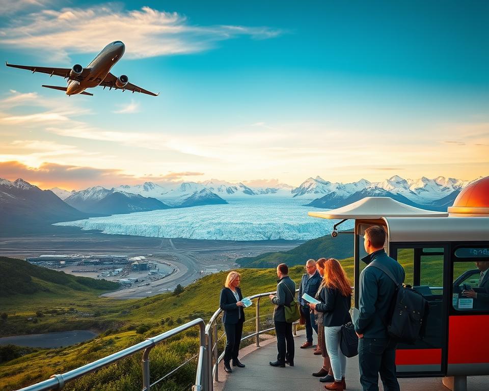 A stunningly detailed travel scene capturing a panoramic view of El Calafate, Argentina, with the majestic Perito Moreno Glacier glistening in the background. In the foreground, a sleek airplane descends towards a modern airport, symbolizing international travel; its wings reflecting the warm glow of the evening sun. The middle ground features a picturesque bus stop with tourists in professional travel attire eagerly planning their journey, maps and travel brochures in hand. Lush green hills surround the scene, while the sky radiates a golden hue, creating an inviting and adventurous atmosphere. The image should be composed using a wide-angle lens to emphasize depth, with natural lighting that enhances the vivid colors of the landscape, evoking a sense of excitement and anticipation for travelers heading from Germany to El Calafate.