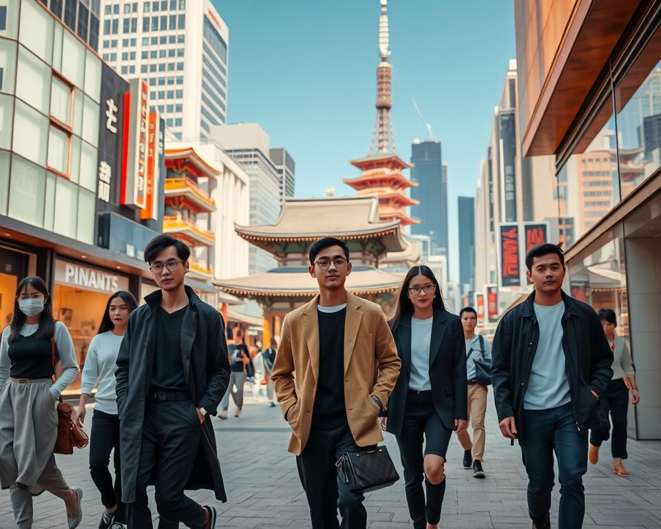 A stylish urban scene showcasing the fusion of Japanese fashion, highlighting minimalism and streetwear. In the foreground, diverse individuals dressed in sleek, contemporary attire embodying both traditional and modern influences, walking confidently through a vibrant city square. The middle ground features chic storefronts displaying artisanal crafts, with warm wooden textures contrasting modern glass elements, while soft, diffused lighting creates an inviting atmosphere. In the background, iconic cityscapes, such as traditional temples and modern skyscrapers, blend harmoniously, under a clear blue sky. Capture the essence of Japan's unique design aesthetic with a focus on clean lines, unique patterns, and an overall sense of cultural richness, all while maintaining a lively and dynamic feel.