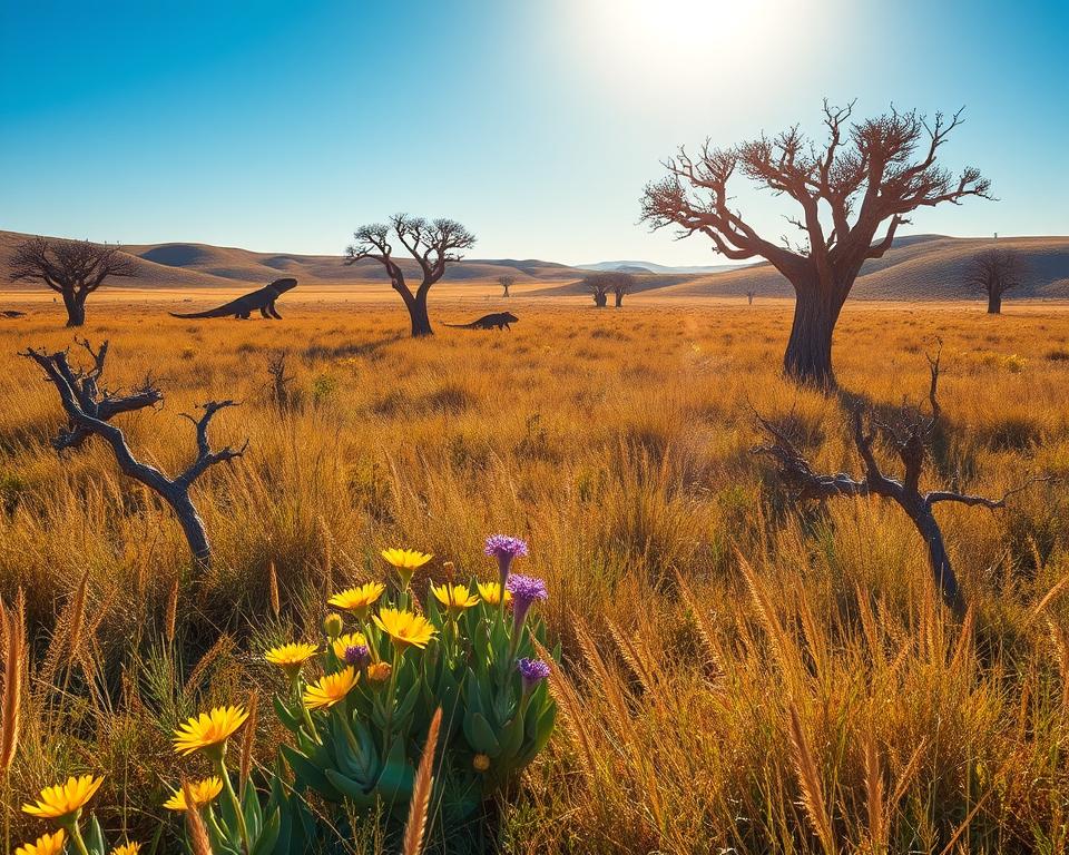 A sunlit savanna landscape in Komodo, featuring a vibrant display of tropical flora. In the foreground, scattered wildflowers in shades of yellow and purple intermingle with hardy grasses, creating a rich tapestry of color. The middle ground reveals iconic dry trees with gnarled branches, their leaves scarce against the backdrop of golden grasslands. In the background, gentle rolling hills fade into a clear blue sky, casting warm golden light across the scene. The atmosphere is tranquil yet lively, with a few distant Komodo dragons subtly blending into their surroundings. The scene captures the essence of the dry savanna, evoking a sense of adventure and natural beauty, as if in late afternoon light, with a slight lens flare for added warmth. A sunlit savanna landscape in Komodo, featuring a vibrant display of tropical flora. In the foreground, scattered wildflowers in shades of yellow and purple intermingle with hardy grasses, creating a rich tapestry of color. The middle ground reveals iconic dry trees with gnarled branches, their leaves scarce against the backdrop of golden grasslands. In the background, gentle rolling hills fade into a clear blue sky, casting warm golden light across the scene. The atmosphere is tranquil yet lively, with a few distant Komodo dragons subtly blending into their surroundings. The scene captures the essence of the dry savanna, evoking a sense of adventure and natural beauty, as if in late afternoon light, with a slight lens flare for added warmth.