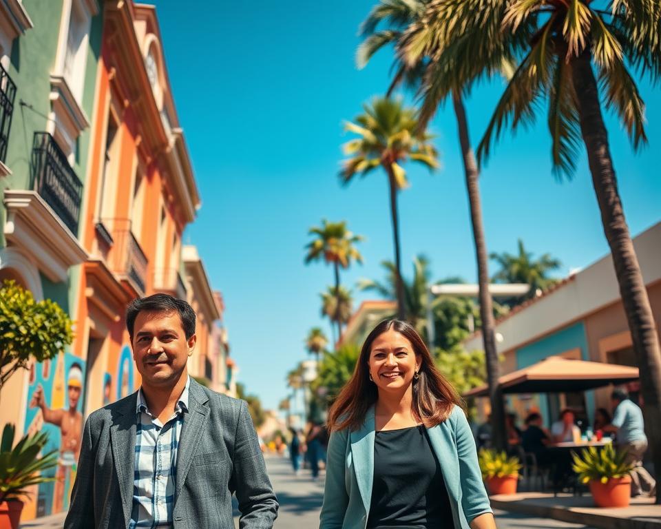 A sunny day in a safe neighborhood of Buenos Aires, showcasing a picturesque street lined with colorful houses and lush greenery. In the foreground, there are two well-dressed individuals, a male and a female, smiling and strolling casually, exuding a sense of comfort and security. In the middle, vibrant murals decorate the walls, depicting cultural heritage, while a group of people enjoy a local café on a terrace. The background features tall, swaying palm trees against a clear blue sky, highlighting the serene atmosphere. The lighting is warm and inviting, creating a friendly and safe ambiance. Use a slightly elevated angle to capture the essence of the neighborhood, giving a sense of openness and community.