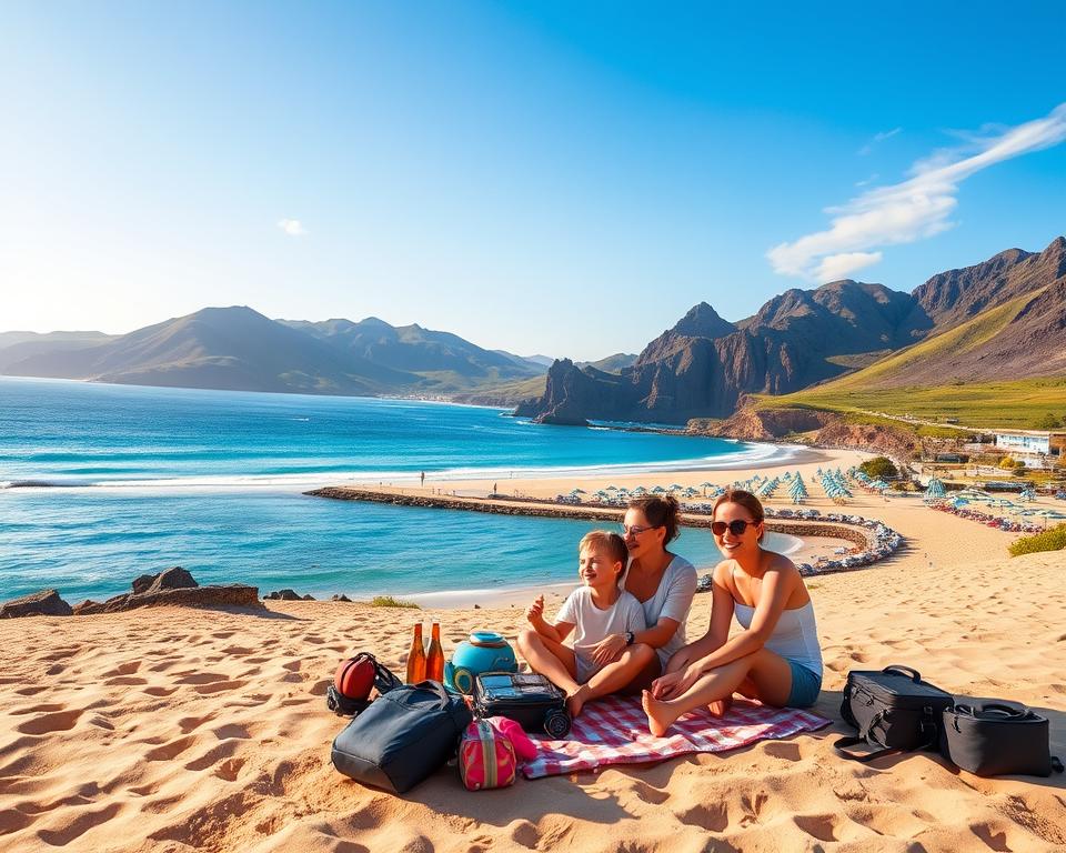 A sunny landscape of the Canary Islands, showcasing a vibrant coastal scene during golden hour, with soft, warm lighting that casts a golden hue over the sandy beaches. In the foreground, a family enjoys a picnic with packed travel essentials and leisure gear, dressed in casual summer clothing. In the middle ground, colorful beach umbrellas dot the shore, while clear blue waters gently lap against the coastline. The background features dramatic volcanic cliffs and lush green hills, under a brilliant blue sky with a few wispy clouds. The atmosphere is joyful and serene, capturing the essence of warm-weather travel and relaxation, ideal for planning a trip to the islands.
