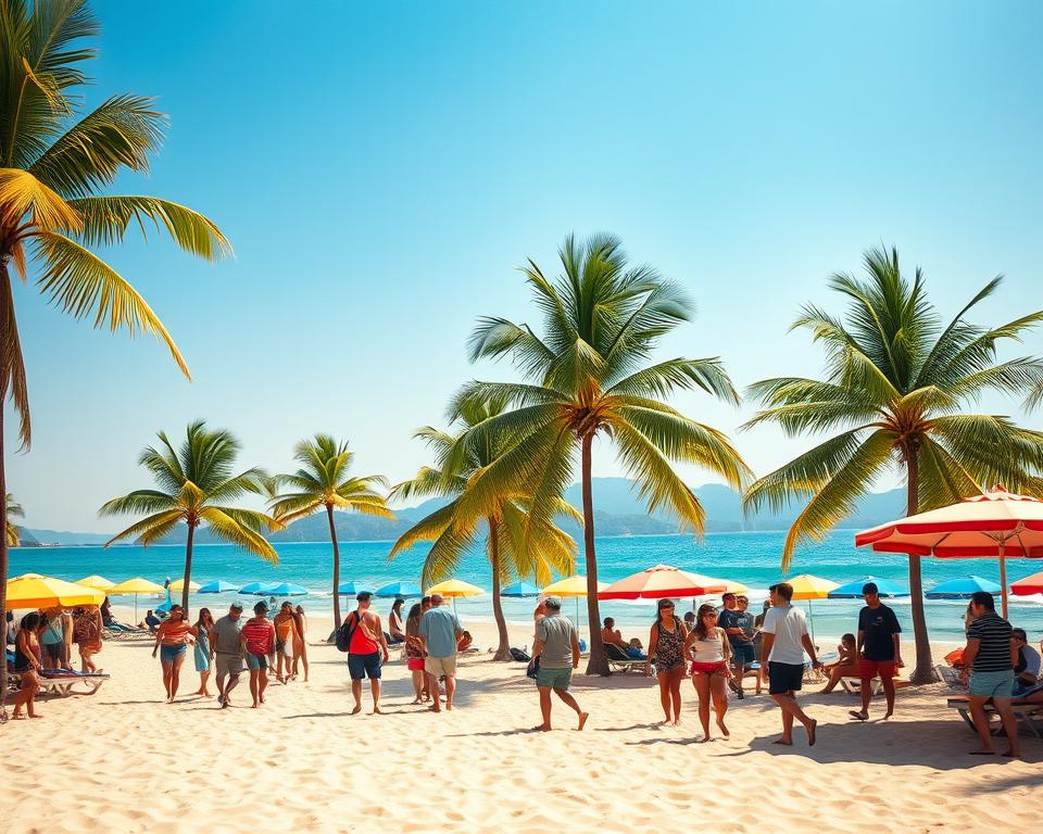 A sunny tropical beach scene in Sanya, China, showcasing vibrant blue skies and crystal-clear waters. In the foreground, a cozy beach with soft, golden sand where a diverse group of tourists, dressed in modest summer clothing, enjoy leisure activities like walking and beachcombing. In the middle, lush palm trees sway softly in the gentle breeze, complemented by colorful beach umbrellas creating a relaxed atmosphere. The background features the iconic Sanya coastline with gently rolling waves lapping at the shore, and distant mountains haze under the warm sunlight. Use warm, vibrant colors to evoke a sense of a perfect vacation. The scene is captured with a wide-angle lens, emphasizing depth and inviting viewers into the serene tropical experience.