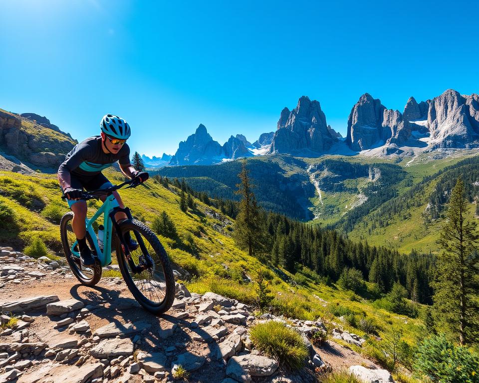 A thrilling mountain biking scene in Pico Europa Nationalpark, Spain. In the foreground, a professional mountain biker in a bright blue helmet and matching gear navigates a rocky trail, showcasing dynamic movement. The middle ground features lush green hills and dense forests, with sunlight filtering through the trees, creating dappled patterns on the trail. In the background, majestic granite peaks rise dramatically against a clear blue sky, displaying rugged textures and patches of snow. The atmosphere is energetic and adventurous, capturing the essence of outdoor sports. The lighting is bright and vibrant, emphasizing the natural beauty of the park. The angle is slightly low, giving an exciting perspective of the biker against the captivating landscape.