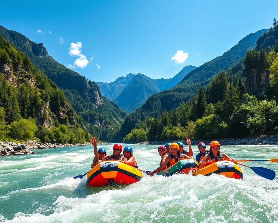 A thrilling scene of rafting on the Tara River, surrounded by the stunning landscapes of Durmitor National Park. In the foreground, a diverse group of adventurers, dressed in colorful, modest rafting gear, navigate through rapid waters, their expressions filled with excitement and determination. The middle layer features the lush, green cliffs and dense forests that frame the river, reflecting the beauty of untouched nature. In the background, majestic peaks rise against a clear blue sky, with a few wispy clouds adding a tranquil touch. The lighting is bright and vibrant, capturing the essence of a sunny day in the wilderness. The overall atmosphere is adventurous and invigorating, embodying the spirit of outdoor exploration in Montenegro's remarkable landscape.