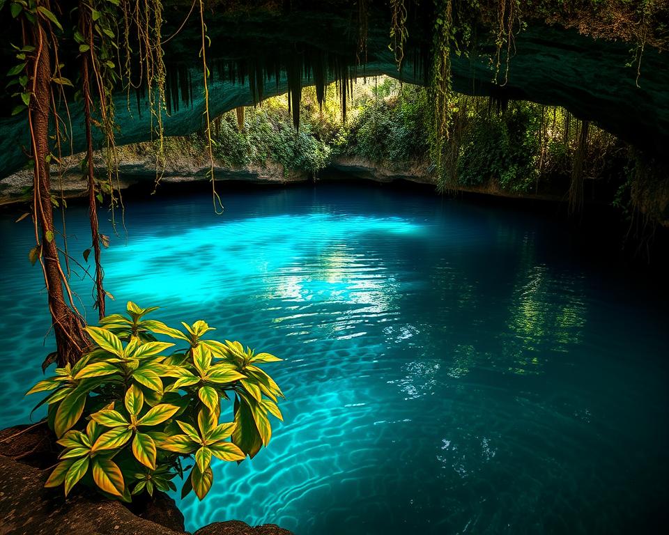 A tranquil cenote nestled in the Northern Yucatán region, showcasing its crystal-clear turquoise waters reflecting the surrounding lush greenery. In the foreground, clusters of vibrant tropical plants and hanging vines drape elegantly over the rocky edges of the cenote. In the middle ground, the water reveals intricate underwater formations, while the sunlight filters through an opening in the cave above, casting playful patterns on the surface. In the background, dense jungle foliage creates a serene atmosphere, inviting exploration. The scene is captured with a wide-angle lens, emphasizing depth and clarity, bathed in soft, warm natural light. The overall mood is peaceful and mysterious, evoking a sense of wonder about the hidden beauty of Yucatán's cenotes.