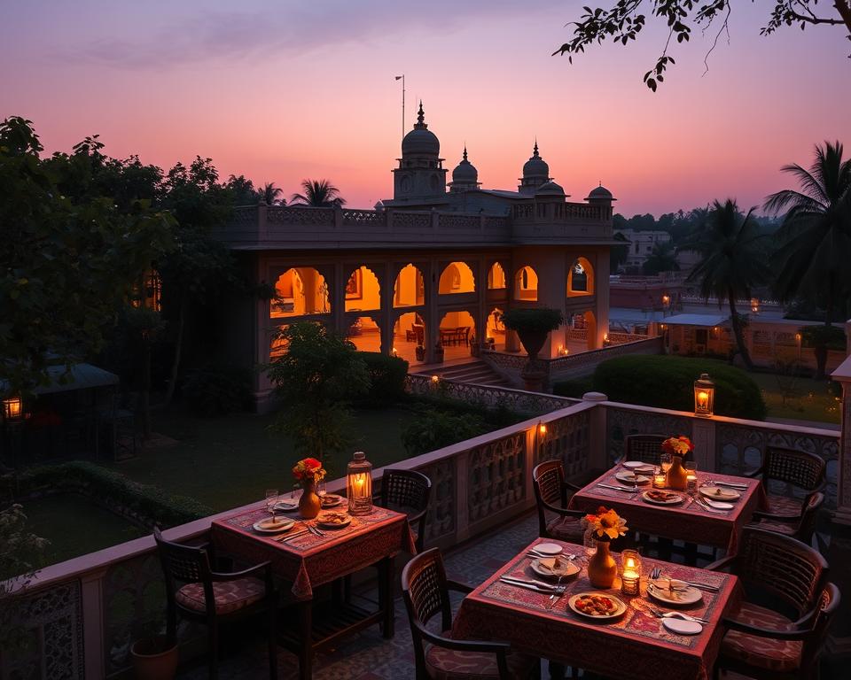A tranquil evening scene of Bikaner, India, showcasing a charming traditional guesthouse surrounded by lush gardens. In the foreground, a cozy terrace features elegantly set tables with traditional Rajasthani cuisine, displaying vibrant colors and intricate patterns. The middle ground reveals the guesthouse’s beautifully ornate architecture, with arched windows and intricate carvings, all illuminated by warm, inviting lights. In the background, the silhouette of the Karni Mata Temple can be seen against a dusky pink sky, embodying a serene and spiritual atmosphere. Use soft natural lighting to enhance the peaceful ambiance, captured with a 35mm lens to maintain a wide-angle perspective, conveying a sense of comfort and cultural richness.