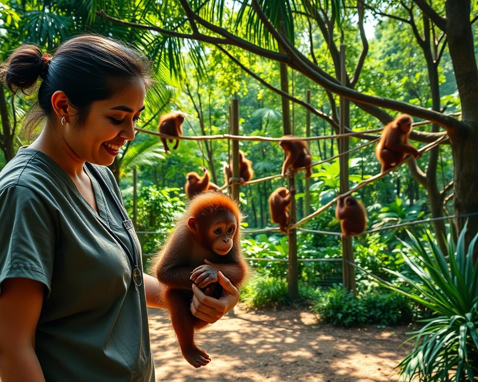 A tranquil rehabilitation center for orangutans in Sepilok, Malaysia. In the foreground, a caregiver gently interacts with a young orangutan, both displaying curiosity and warmth. The caregiver is dressed in modest casual clothing. In the middle ground, several more orangutans are climbing ropes and frolicking on branches, surrounded by lush tropical greenery. The background features a vibrant forest with sunlight filtering through the dense canopy, casting dappled shadows on the ground. A serene atmosphere pervades, highlighting the care provided in this sanctuary. The lighting is warm and natural, evoking a sense of hope and rejuvenation. The shot is captured from a slightly elevated angle, allowing for an expansive view of the rehabilitation activities.