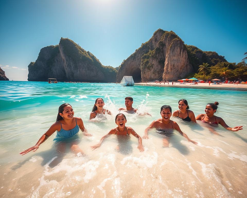 A tranquil scene at Diamond Beach on Nusa Penida, showcasing a group of diverse, modestly dressed individuals engaged in swimming and enjoying the beautiful ocean. In the foreground, vibrant turquoise waves gently lap against the shore, with soft white sand beneath their feet. In the middle, playful splashes of water are captured as the swimmers laugh joyously, framed by colorful beach towels and umbrellas scattered on the sand. In the background, towering cliffs with lush greenery rise majestically under a clear blue sky, illuminated by warm golden sunlight, creating a serene and inviting atmosphere. The camera angle provides a dynamic view from slightly above the beach, capturing both the excitement of activities and the stunning natural beauty of the surroundings. Overall, the scene radiates a joyful and peaceful ambience, enticing visitors to embrace the adventure of Diamond Beach.