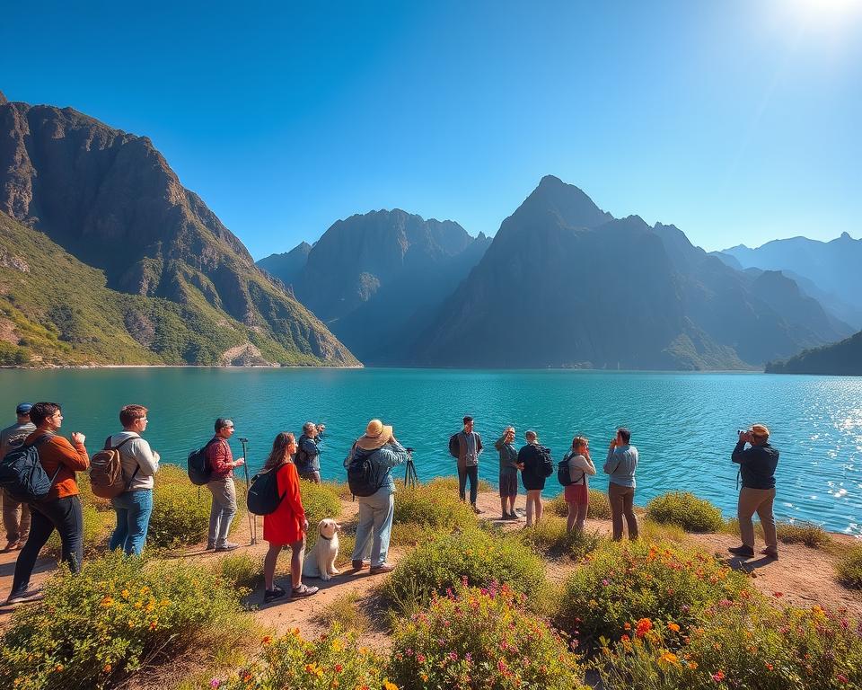 A tranquil scene at Komani Lake, showcasing its stunning emerald waters surrounded by dramatic mountains. In the foreground, a diverse group of eco-conscious travelers, dressed in modest casual clothing, are engaging in activities like hiking and birdwatching, emphasizing sustainable travel. The middle ground features lush green vegetation and wildflowers, adding vibrant colors to the serene landscape. In the background, towering cliffs rise majestically against a clear blue sky, reflecting the sunlight in a warm, golden hue. The gentle ripples of the lake’s surface catch the light, creating a peaceful and inviting atmosphere. Use soft, natural lighting to enhance the mood, captured with a wide-angle lens from a slightly elevated perspective to encompass the breathtaking scenery and the spirit of nature conservation.