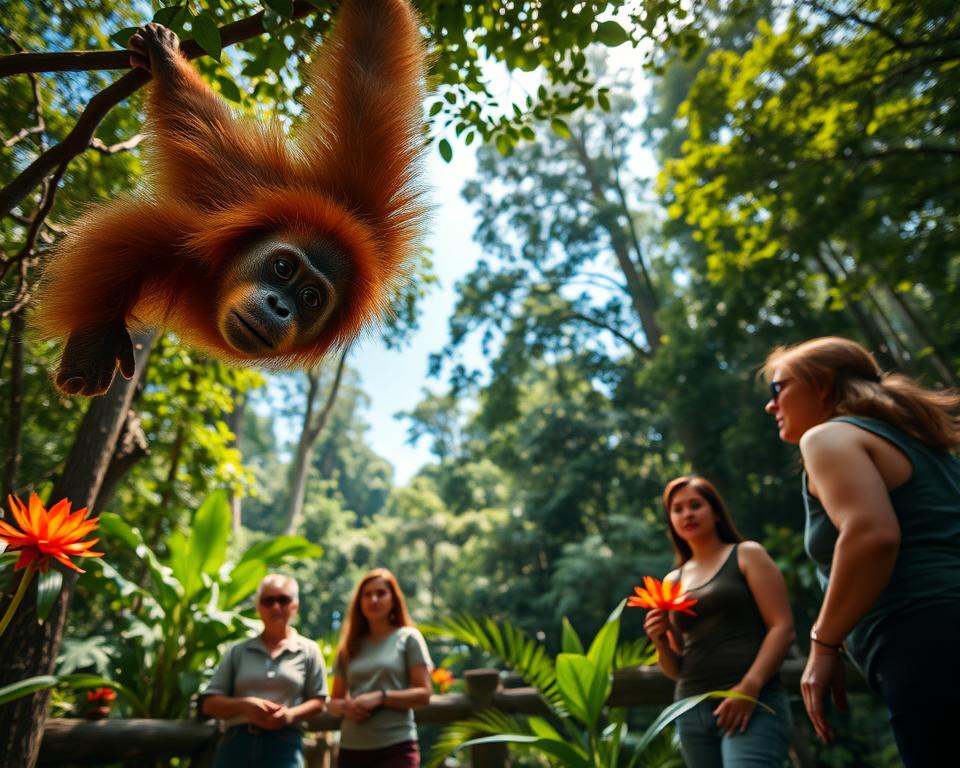 A tranquil scene at the Sepilok Orang-Utan Rehabilitation Centre, capturing the lush rainforest habitat of Borneo. In the foreground, an orangutan swings gracefully from a vine, showcasing its great expressive eyes and vibrant orange fur. In the middle ground, visitors in modest casual clothing observe the orangutan from a safe distance, reflecting awe and admiration. They are framed by the rich greenery, with bright tropical plants adding vibrant colors to the scene. The background reveals dense jungle foliage and a clear blue sky peeking through the canopy, illuminated by soft, dappled sunlight creating a warm and inviting atmosphere. The angle is slightly low, emphasizing the orangutan's playful movements against the vastness of its natural environment, evoking a sense of connection with wildlife and the importance of conservation efforts.