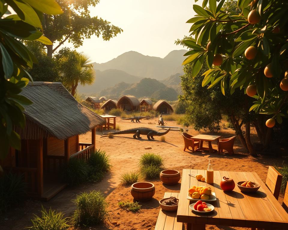 A tranquil scene depicting accommodations around Loh Liang in Komodo National Park. Foreground features charming wooden bungalows with thatched roofs nestled among lush tropical foliage. In the middle ground, local dining areas showcase traditional Indonesian cuisine with vibrant fruits and colorful dishes laid out on wooden tables. The background presents a stunning view of rugged hills and the iconic Komodo dragons basking in the sun. The setting is bathed in warm, golden sunlight, creating a peaceful and inviting mood. Soft, natural lighting enhances the vivid colors of the environment. The angle captures a slightly elevated perspective, ensuring a broad view of both accommodations and the surrounding wilderness. The atmosphere is serene, promoting a sense of adventure and exploration in one of nature’s remarkable habitats. A tranquil scene depicting accommodations around Loh Liang in Komodo National Park. Foreground features charming wooden bungalows with thatched roofs nestled among lush tropical foliage. In the middle ground, local dining areas showcase traditional Indonesian cuisine with vibrant fruits and colorful dishes laid out on wooden tables. The background presents a stunning view of rugged hills and the iconic Komodo dragons basking in the sun. The setting is bathed in warm, golden sunlight, creating a peaceful and inviting mood. Soft, natural lighting enhances the vivid colors of the environment. The angle captures a slightly elevated perspective, ensuring a broad view of both accommodations and the surrounding wilderness. The atmosphere is serene, promoting a sense of adventure and exploration in one of nature’s remarkable habitats.