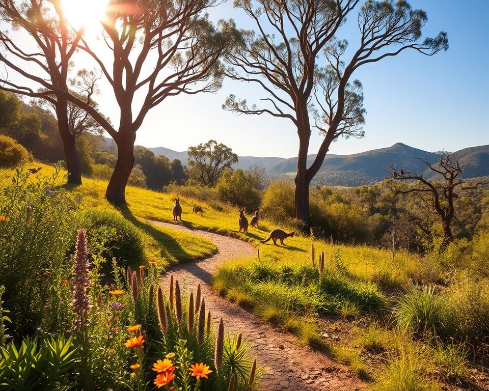 A tranquil scene in Noosa National Park, Australia, during the peak travel season, capturing the lush greenery and vibrant wildlife. In the foreground, a variety of native plants and wildflowers in bright colors invite viewers to explore. The middle ground features a winding trail illuminated by warm, golden sunlight filtering through the branches of towering eucalyptus trees, creating a dappled light effect on the path. In the background, soft hills blend into a clear blue sky, highlighting the region's natural beauty. Add subtle hints of kangaroos grazing peacefully and colorful birds perched on branches, embodying the essence of the best travel time for wildlife observations. The mood is serene and inviting, emphasizing the connection with nature in this idyllic landscape.