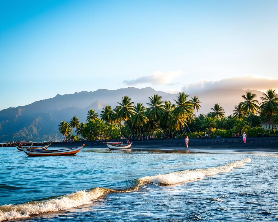 A tranquil scene of Lovina, Indonesia, showcasing its unique charm compared to other Bali destinations. In the foreground, gentle waves lap against a serene black sand beach dotted with traditional fishing boats. The middle ground features lush palm trees swaying in the light coastal breeze, while modestly clad tourists explore the area, immersing themselves in the local culture. In the background, majestic mountains rise under a clear blue sky, reflecting the beautiful natural landscape. The lighting is warm and soft, embodying the golden hour, with hints of sunset colors painting the clouds. Capture this idyllic atmosphere from a slightly elevated angle to highlight the peaceful setting and inviting ambiance of Lovina as a tranquil retreat.