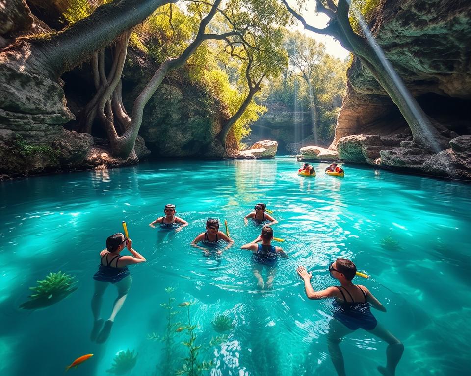A tranquil scene of a cenote in Yucatan, showcasing a sunlit, crystal-clear pool of water surrounded by lush greenery and ancient stone formations. In the foreground, a small group of individuals in modest casual clothing are practicing safety measures while swimming and snorkeling. They are equipped with diving gear and floatation devices, highlighting the importance of safety in these natural pools. The middle ground features vibrant underwater plants and colorful fish visible through the water’s surface. In the background, towering trees and rocks create a dramatic natural frame, with rays of sunlight filtering through the leaves, casting dappled reflections on the water. The overall mood is serene and inviting, capturing the enchanting beauty and safe exploration of cenotes.