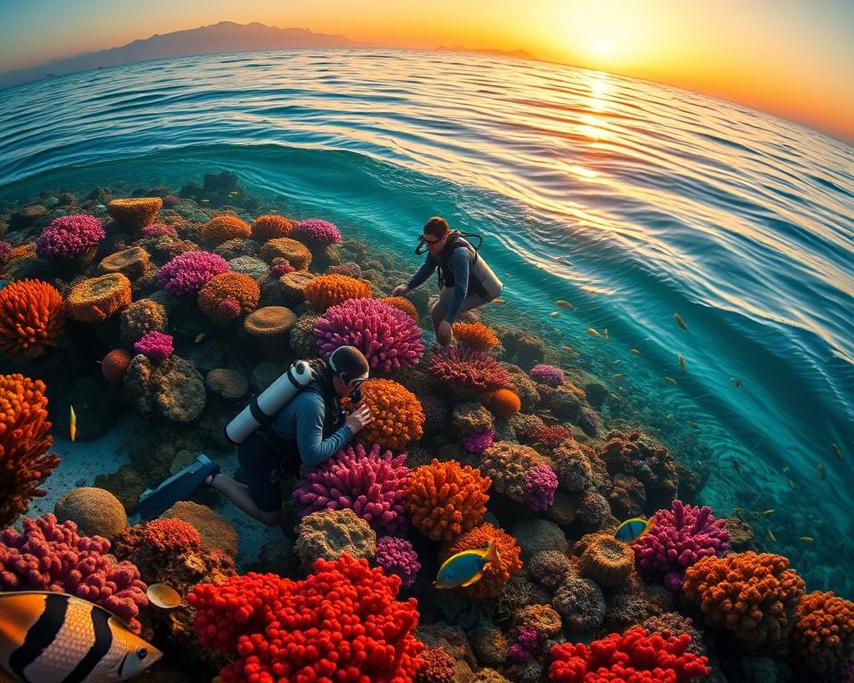 A tranquil scene of the Great Barrier Reef, showcasing vibrant coral formations and diverse marine life. In the foreground, a professional diver in modest casual attire, equipped with diving gear, examines colorful corals. The middle ground features schools of tropical fish swimming among the corals, reflecting various hues of blue, orange, and yellow. In the background, the sun sets on the horizon, casting warm, golden light over the water, enhancing the serene atmosphere. Soft waves gently lap at the surface, creating a sense of calm. The composition captures both the beauty of the reef and the importance of safety in water activities, inviting viewers to explore responsibly. The image is well-lit, shot with a wide-angle lens to emphasize the underwater landscape and the diver's engagement with the environment.