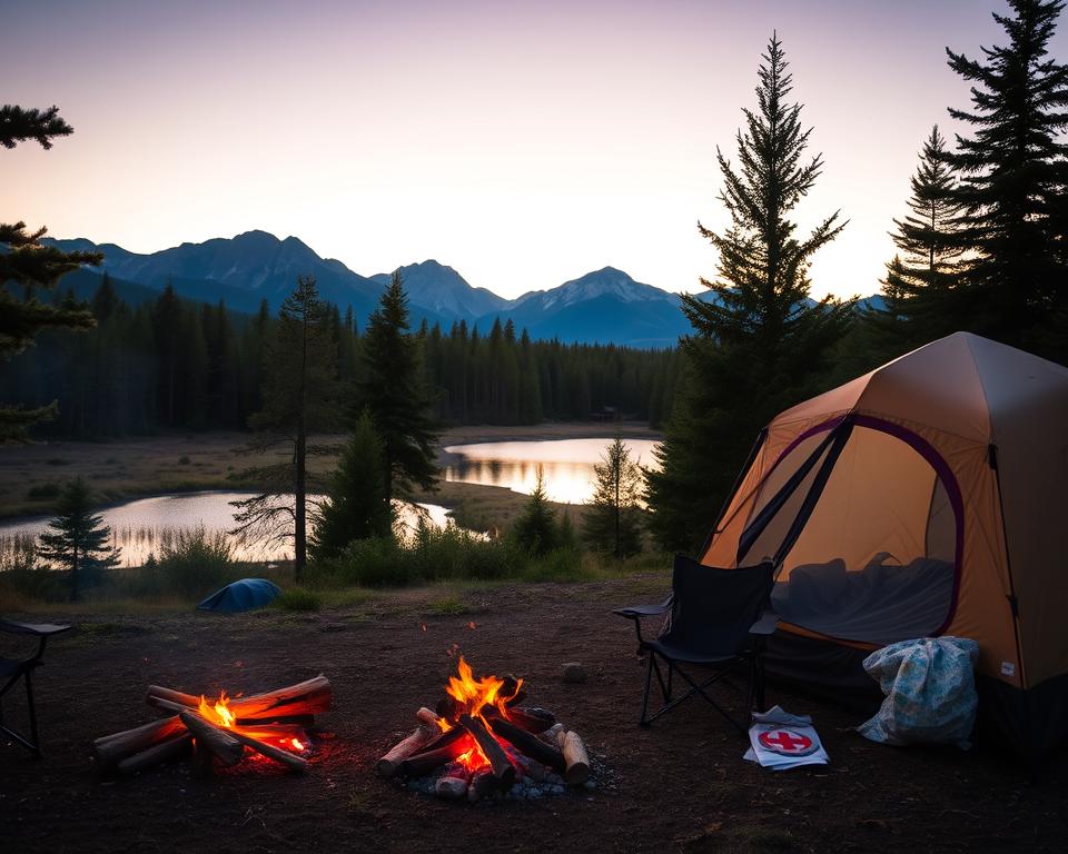 A tranquil scene of wild camping in Sweden during twilight. In the foreground, a well-set up campsite with a sturdy tent, a small campfire with glowing embers, and a couple of comfortable camping chairs. Middle ground features lush green pine trees and a small, serene lake reflecting the hues of the sunset. In the background, majestic mountains rise under a soft golden sky, hinting at the beauty of the Swedish wilderness. The lighting is soft and warm, casting a peaceful glow over the scene. The atmosphere is inviting and safe, promoting a sense of security in nature. Include a few camping essentials like a map and a first-aid kit visibly placed around the campsite. No human figures are present to maintain focus on the camping environment.