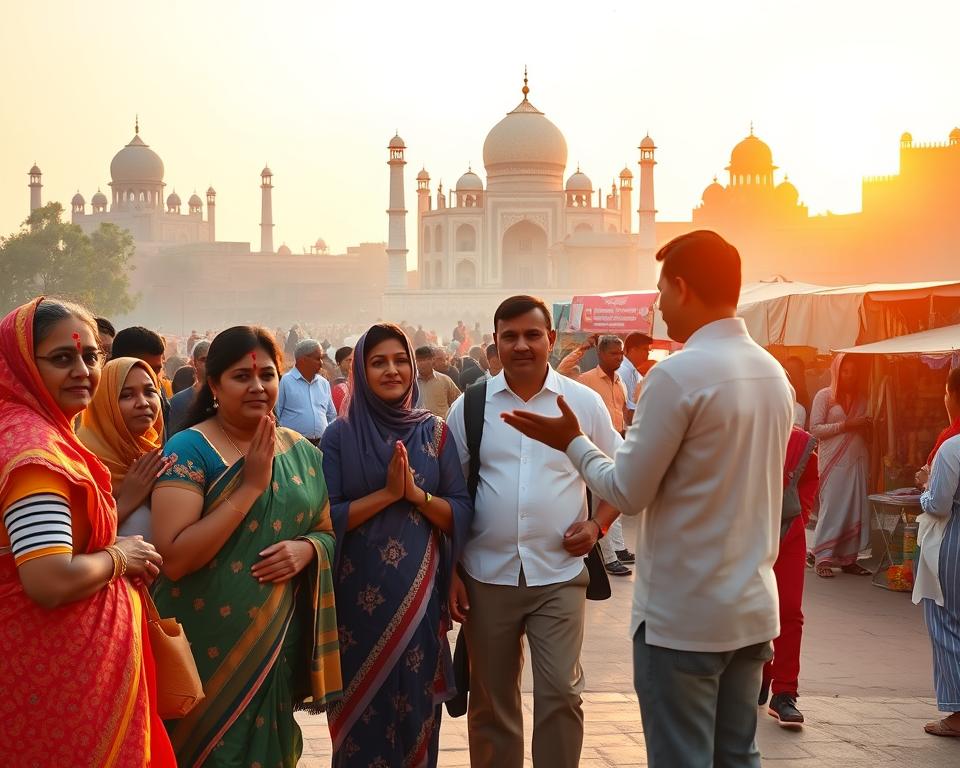 A tranquil scene showcasing a diverse group of travelers in India, emphasizing safety and cultural etiquette. In the foreground, a family dressed in modest, colorful attire is observing traditional Indian customs, such as greeting with folded hands (namaste). In the middle ground, a professional tour guide is explaining local etiquette, gesturing to a vibrant marketplace bustling with activity, showcasing rich textiles and handcrafted goods. The background features iconic landmarks of the Golden Triangle, like the Taj Mahal and Jaipur's Amber Fort, bathed in warm, golden sunset lighting, creating an inviting atmosphere. The overall mood should feel welcoming and culturally immersive, with clear, vibrant colors and a balanced composition that captures the essence of travel safety in India.