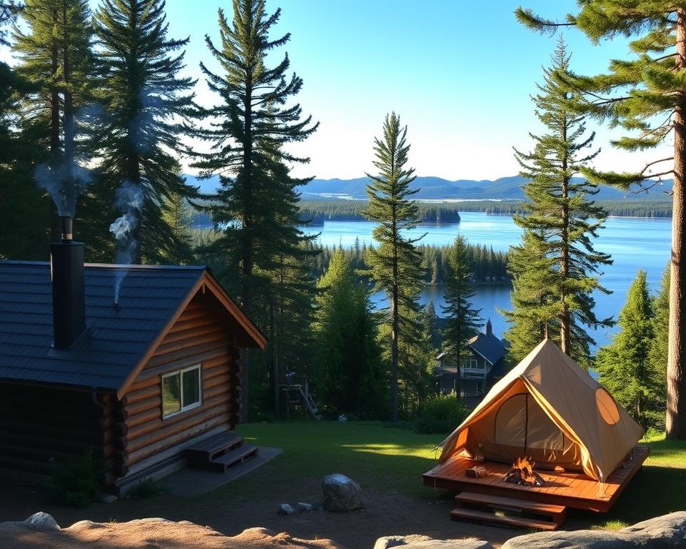 A tranquil scene showcasing a variety of accommodation options in Algonquin Provincial Park. In the foreground, a cozy log cabin with smoke gently rising from the chimney, surrounded by tall pine trees and lush greenery. The middle ground features a rustic tent on a small wooden deck, with a campfire nearby, casting a warm glow on the scene. In the background, serene lakes reflecting the blue sky and distant hills, adding depth to the landscape. Soft, dappled sunlight filters through the trees, creating a peaceful and inviting atmosphere. The image should have a warm color palette, emphasizing the natural beauty and charm of the park's accommodations, evoking a sense of adventure and relaxation in nature.