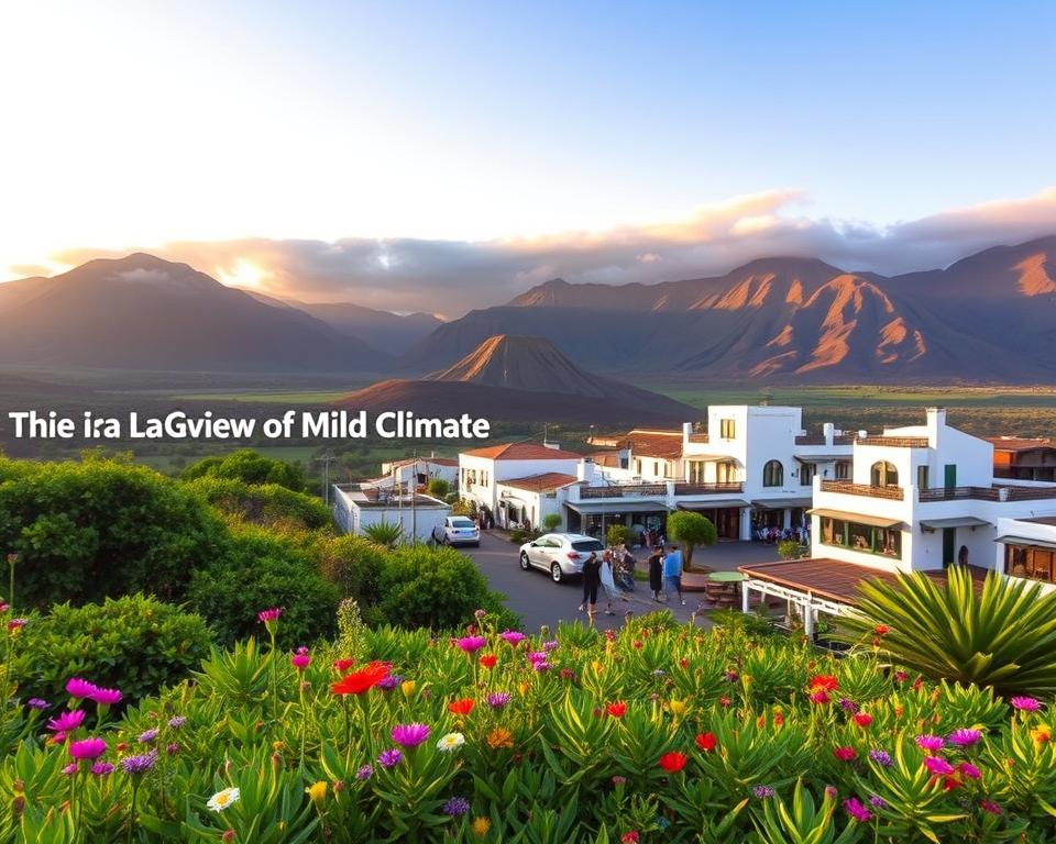 A tranquil view of La Gomera showcasing its mild climate. In the foreground, a lush, green terrace filled with vibrant wildflowers and tropical plants. In the middle ground, a picturesque village with whitewashed houses, traditional Canarian architecture, and small cafes, where visitors in casual attire enjoy the serene atmosphere. The background features dramatic volcanic mountains with soft clouds hovering above, illuminated by warm, golden sunlight, highlighting the rich textures of the landscape. The sky transitions from a soft blue to warm orange hues as sunset approaches, creating a peaceful and inviting mood. The image captures the essence of La Gomera’s climate, promising beautiful weather and a perfect holiday escape.