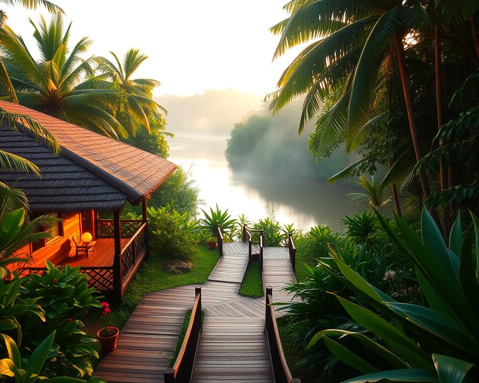 A tranquil view of Unterkunft Tortuguero, nestled in the lush, verdant landscapes of Tortuguero National Park, Costa Rica. In the foreground, a charming wooden lodge with a thatched roof, surrounded by vibrant tropical plants and flowers. The middle of the scene features wooden walkways leading to the lodge, inviting guests to explore. In the background, a serene river glimmers under the soft, golden light of an early morning, reflecting the dense green foliage. The atmosphere is peaceful and inviting, with birds softly chirping and a mist lazily rising over the water. The scene is captured from a slightly elevated angle to encompass both the intimate lodge and the expansive natural beauty surrounding it. The lighting is warm and natural, creating a sense of tranquility and harmony with nature.