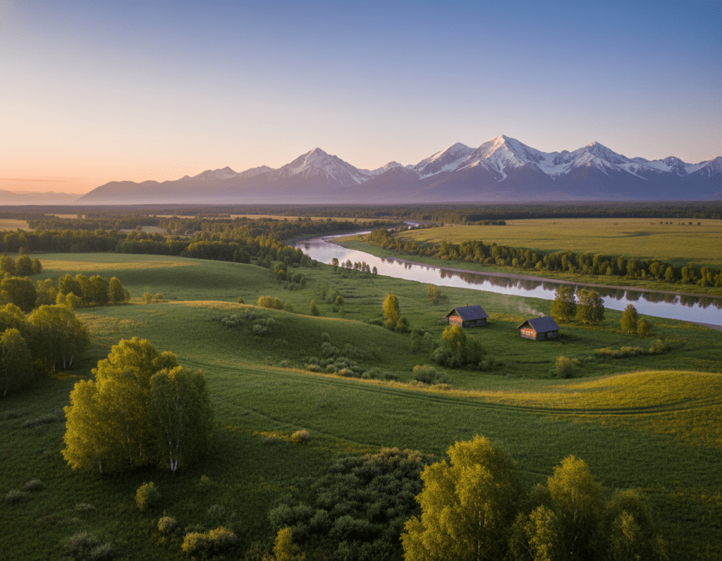 A vast landscape of Russia in the foreground, featuring rolling hills and patches of lush greenery, hinting at the country’s rich natural beauty. The midground showcases a gently winding river reflecting the soft hues of early morning light, with a couple of small, traditional wooden dachas dotting the riverbank. In the background, towering snow-capped mountains rise majestically against a clear blue sky, creating a sense of tranquility. The lighting is warm and inviting, casting soft shadows across the terrain, enhancing the serene atmosphere. The scene captures a moment of peaceful solitude, inviting reflection and contemplation, with no human figures present but an implied narrative of a journey or exploration. The composition is a wide-angle perspective to encompass the expansive beauty of the land.